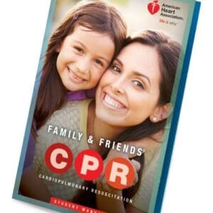 A cpr manual with a picture of a woman and child.