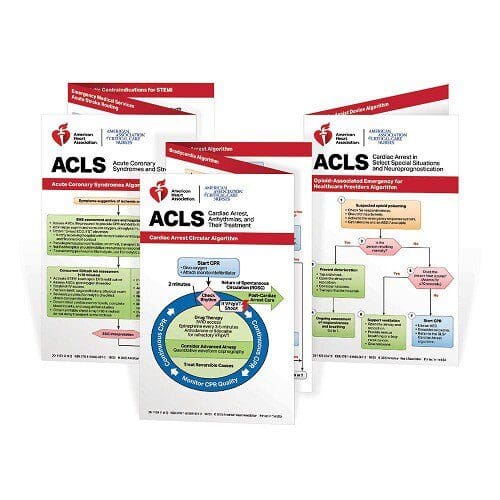 A group of acls books and instructions.