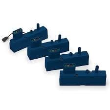 A set of four blue blocks with a black handle.