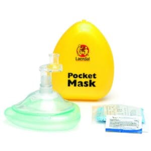 A yellow pocket mask sitting next to some green cups.