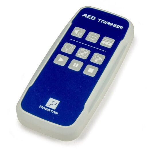 A blue and white remote control is sitting on top of a table.