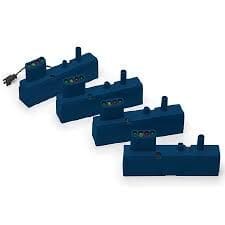 A set of four blue blocks with a black cord.