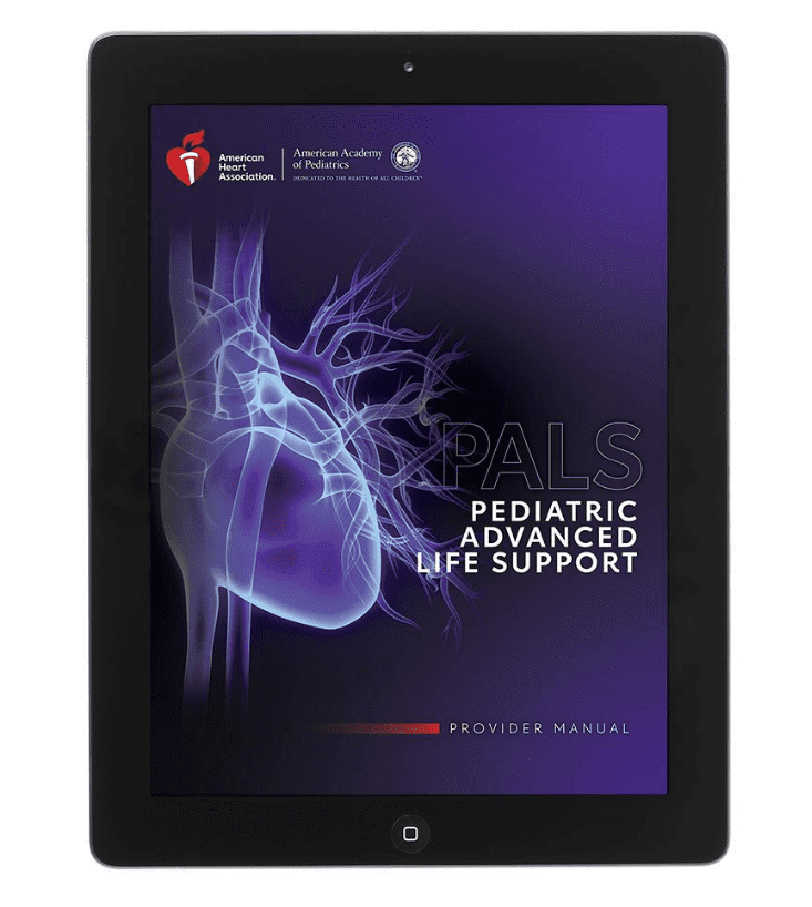 A tablet with the cover of pediatric advanced life support.