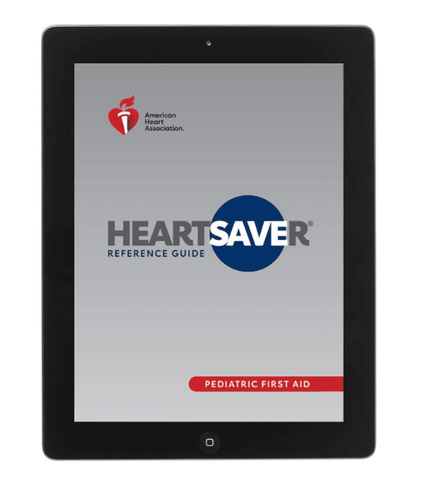 A tablet with the cover of the heartsaver reference guide.