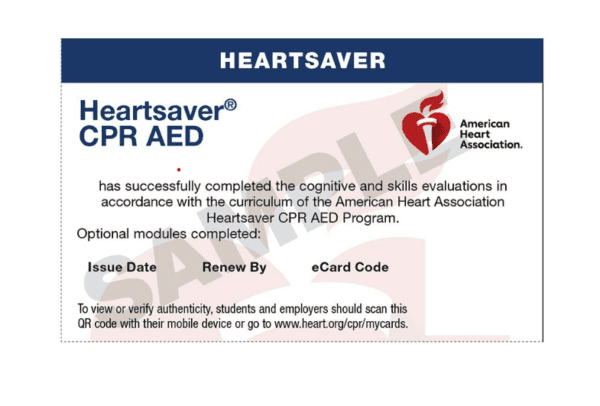 Heartsaver CPR AED certification card.